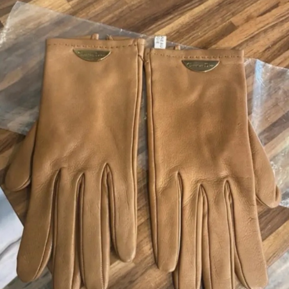 Dior Tan Leather Gloves with Metal Accents